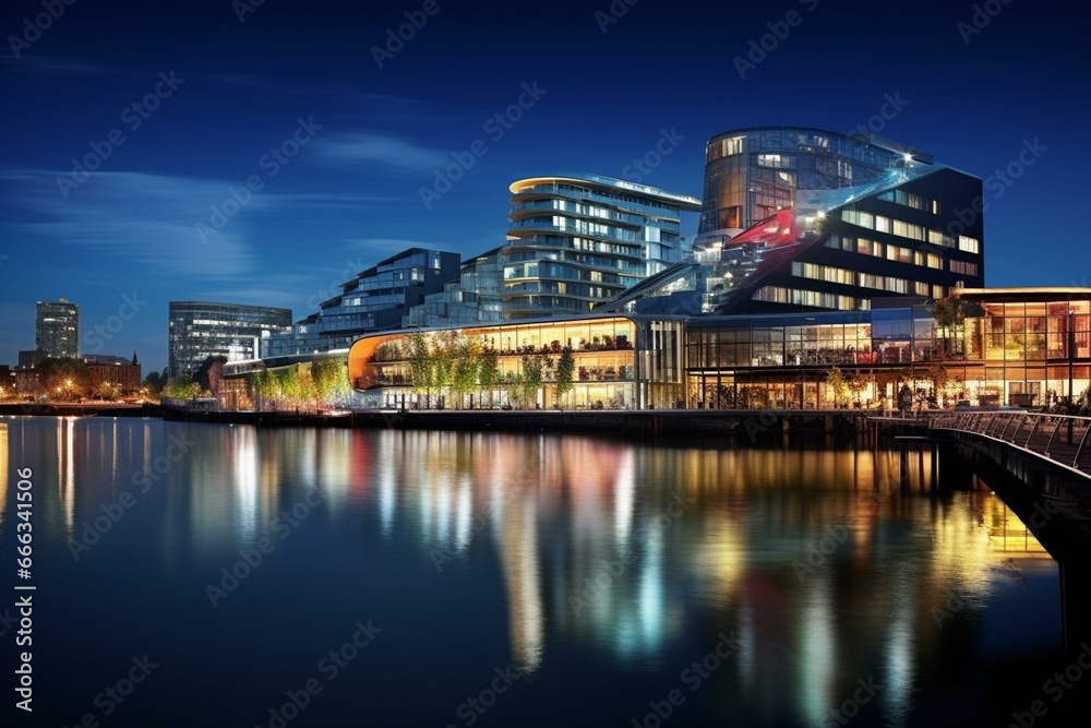 Night view of Medienhafen in Düsseldorf. Generative AI