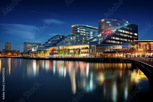 Night view of Medienhafen in Düsseldorf. Generative AI photo