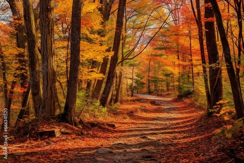 Scenic fall woodland with colorful foliage and path. Generative AI