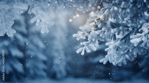 Background with winter snowy fir tree and snow. Winter banner concept with copy space © Lucky Ai