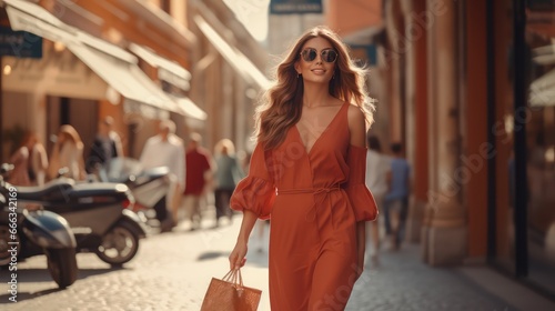 luxury girl walking with a shopping bag after shopping