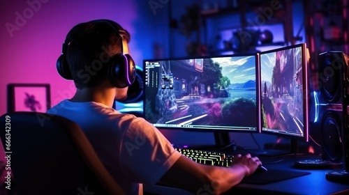 Gaming room, guy sitting at the computer and playing a game