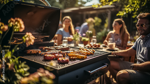 a photo of a family and friends having a picnic barbeque grill in the garden. having fun eating and enjoying time. sunny day in the summer. blur background. Generative AI photo