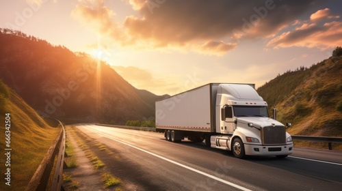 truck against the backdrop of mountains, fields and a beautiful sunset  © Terablete