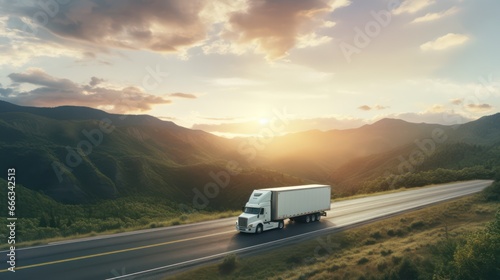 truck against the backdrop of mountains, fields and a beautiful sunset 