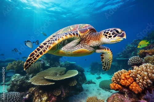 Turtle swims coral reef in clear water. Generative AI