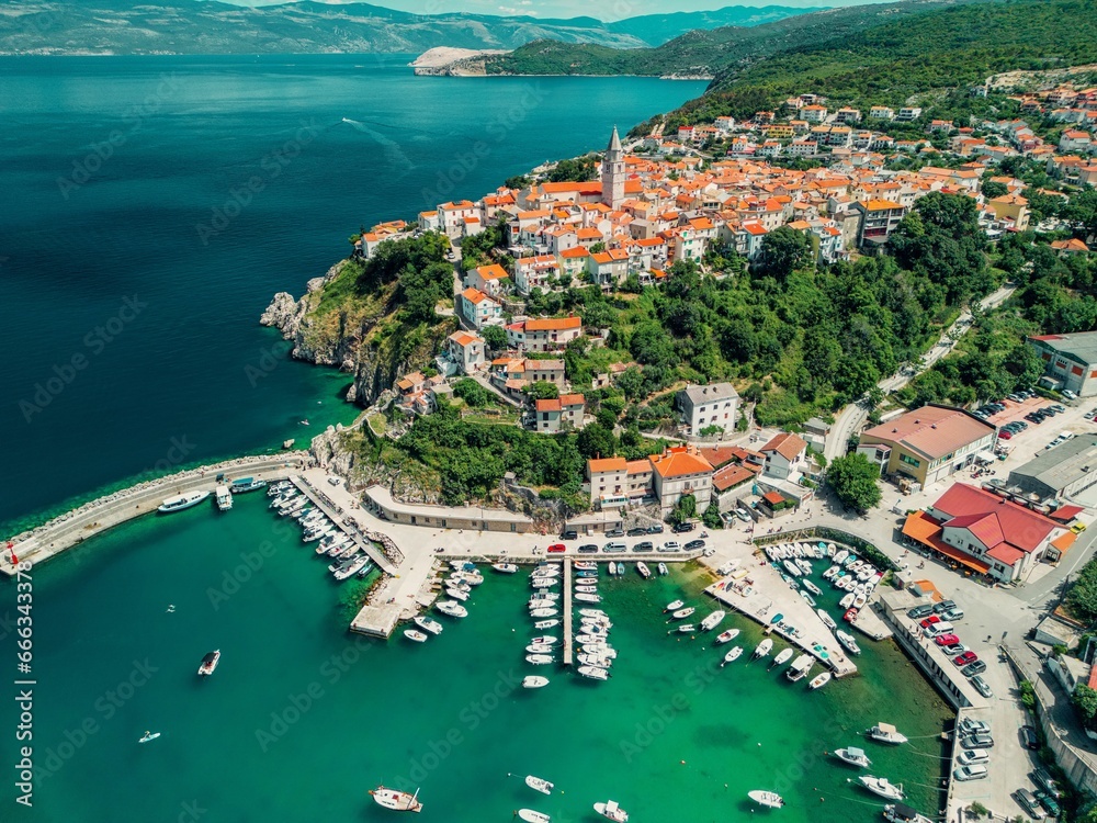 aerial view of town and coast from above, croatia stock photo