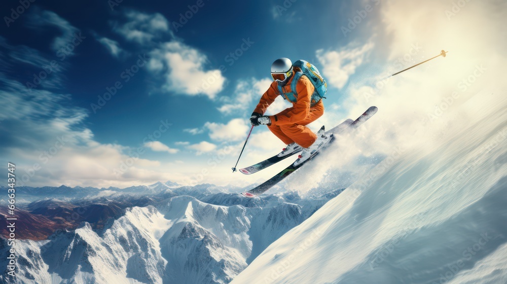 snowboarder against a background of clear sky, snow and high mountains