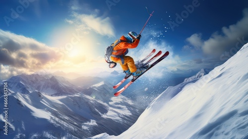 snowboarder against a background of clear sky, snow and high mountains