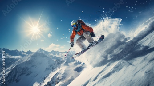 snowboarder against a background of clear sky  snow and high mountains