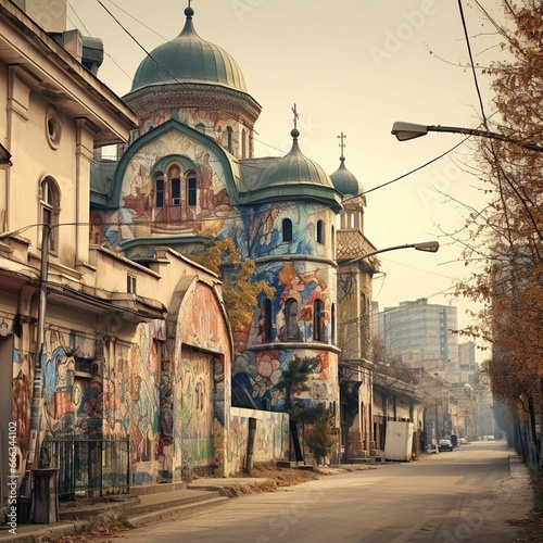 Small city, featuring a variety of architectural styles and a church adorned with graffiti