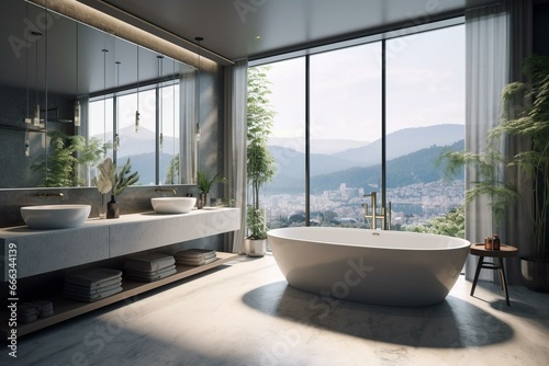 Modern bathroom with grey double sink, bathtub, and panoramic window. Generative AI © Maeve