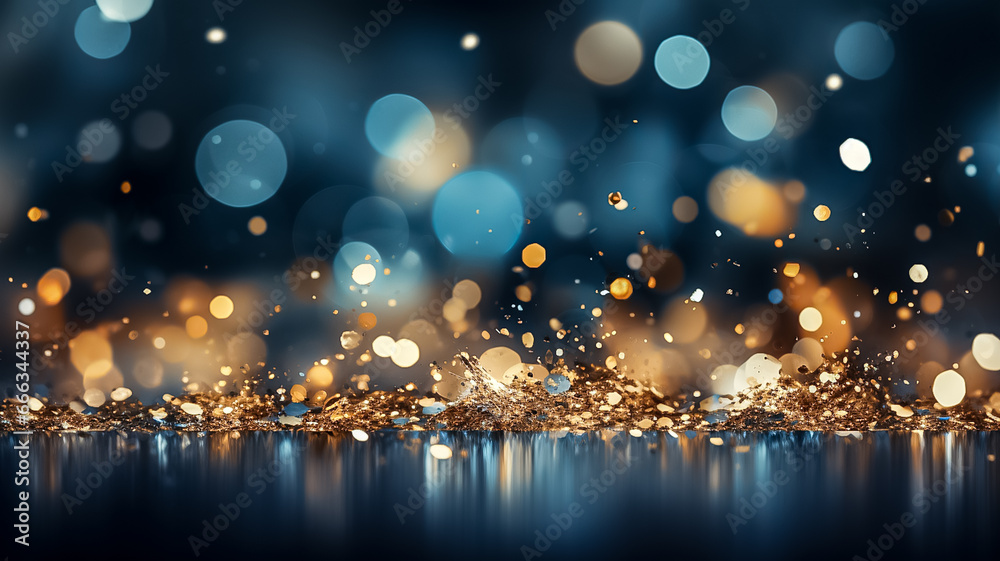 Abstract shimmering holiday background blue, gold bokeh lights Glitter illustration. Design ai