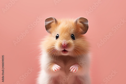 Furry hamster on pink background close-up, front view.
