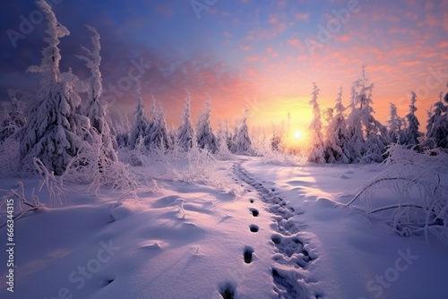 Snowy landscape at dawn. Generative AI