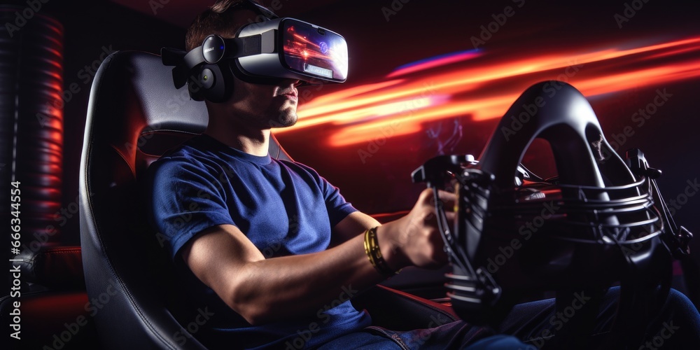 Futuristic simulator seat cockpit, man playing smart video games with VR virtual reality goggles at home, boy driving a 3D motorsport or spaceship for online e-sport, innovation concept generative ai - obrazy, fototapety, plakaty 