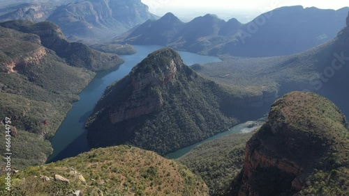 Aerial views of Blyde River Canyon and the three Rondavels in Graskop, Mpumalanga, South Africa