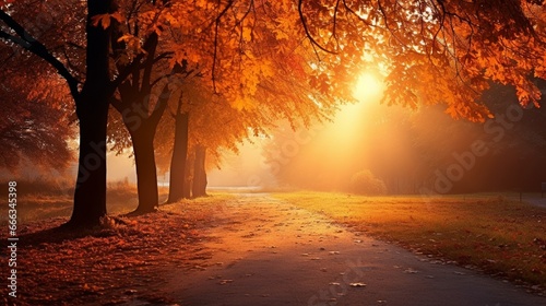 Autumn forest path. Orange color tree  red brown maple leaves in fall city park. Nature scene in sunset fog Wood in scenic scenery Bright light sun Sunrise of a sunny day  morning sunlight view