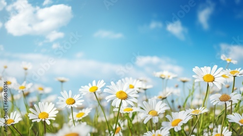 A beautiful, sun-drenched spring summer meadow. Natural colorful panoramic landscape with many wild flowers of daisies against blue sky. A frame with soft selective focus © Muhammad