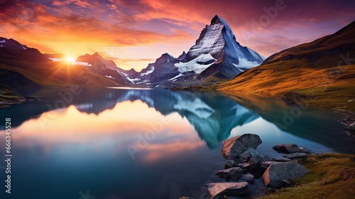 Bachalpsee lake. Highest peaks Eiger, in famous location. Switzerland alps