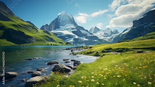 Bachalpsee lake. Highest peaks Eiger, in famous location. Switzerland alps - Grindelwald valley