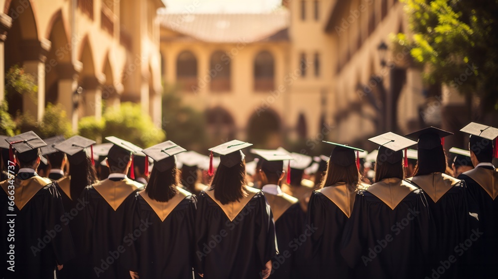 Close-up graduation celebration from behind, shallow depth of field, bokeh background Close-up graduation celebration from behind, shallow depth of field, bokeh background