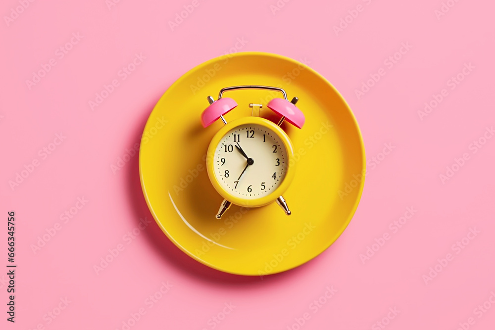 Empty yellow plate with alarm clock on pink background, intermittent fasting concept. - obrazy, fototapety, plakaty 