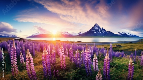 Blooming lupine flowers on the Stokksnes headland. Colorful summer panorama of the southeastern Icelandic coast with Vestrahorn (Batman Mountain). Iceland, Europe. Artistic style post processed