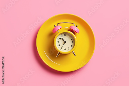 Empty yellow plate with alarm clock on pink background, intermittent fasting concept.