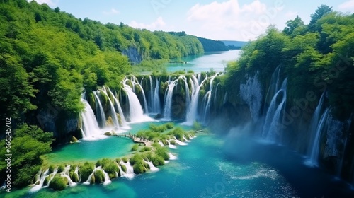 Exotic waterfall and lake panorama landscape of Plitvice Lakes  UNESCO natural world heritage and famous travel destination of Croatia. The waterfall located in central Croatia