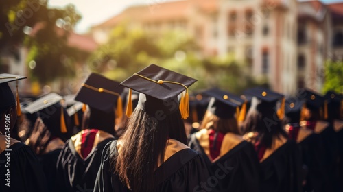 Close-up graduation celebration from behind, shallow depth of field, bokeh background