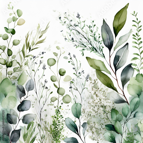 Set watercolor arrangements with garden herbs. Seamless border. Collection leaves, branches. Botanic illustration isolated on white background.