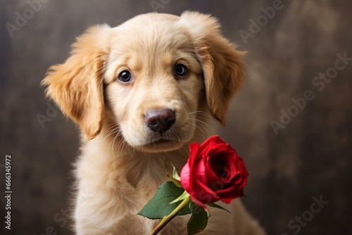 adorable retriever puppy with beautiful rose. Generative AI