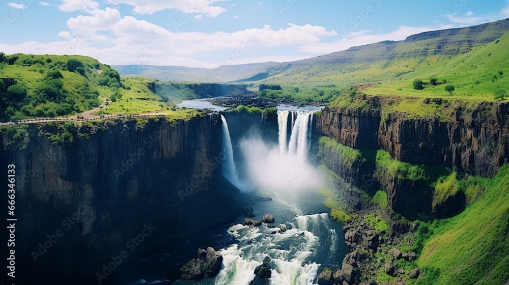 Maletsunyane Falls in Lesotho Africa. Most beautiful waterfall in the world. Green scenic landscape of amazing water fall dropping into a river inside canyons. Panoramic views over the great falls