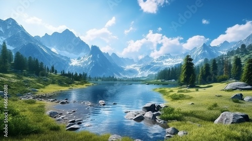 Mountain landscape, picturesque mountain lake in the summer morning, large panorama