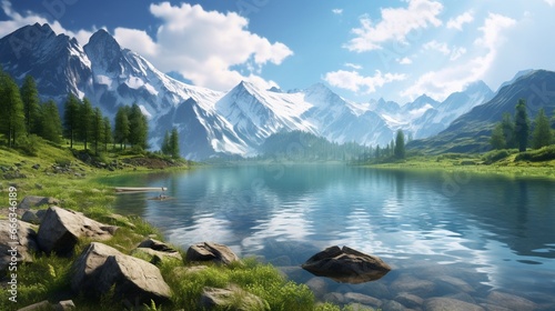 Mountain landscape, picturesque mountain lake in the summer morning, large panorama © Muhammad