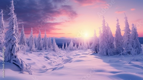 winter panorama landscape with forest, trees covered snow and sunrise. winterly morning of a new day. purple winter landscape with sunset, panoramic view © Muhammad