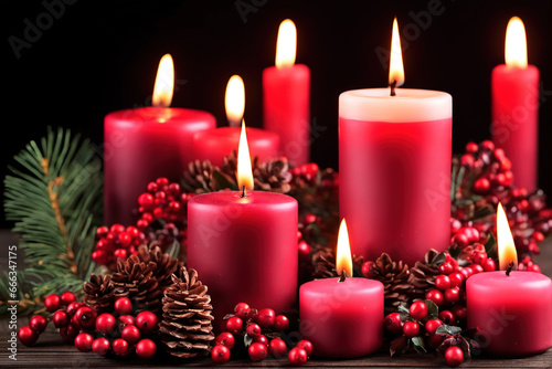 Red candles and red plant fruits for festive holiday celebration