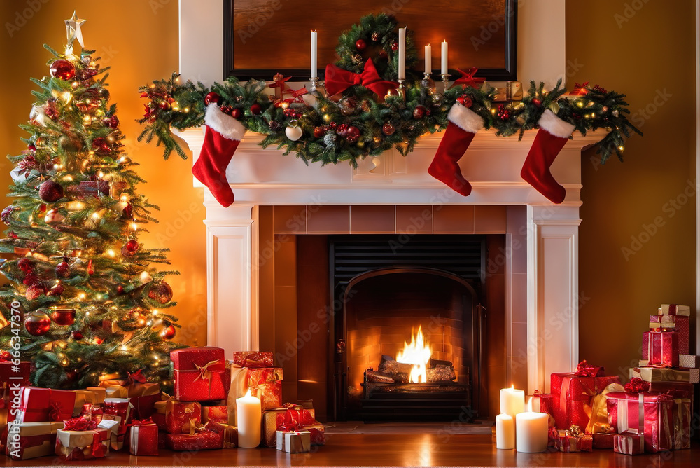Cozy Christmas interior closet stove decoration and Christmas tree gifts