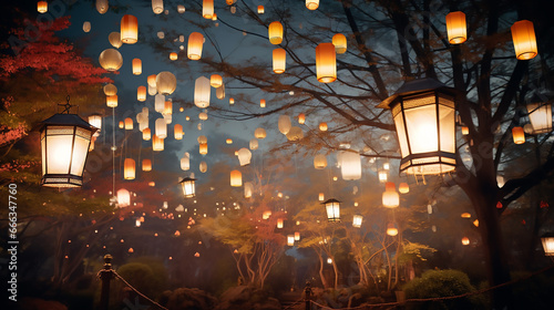 Cityscape Illuminated by Lanterns and Neon Lights at Night. Generative AI