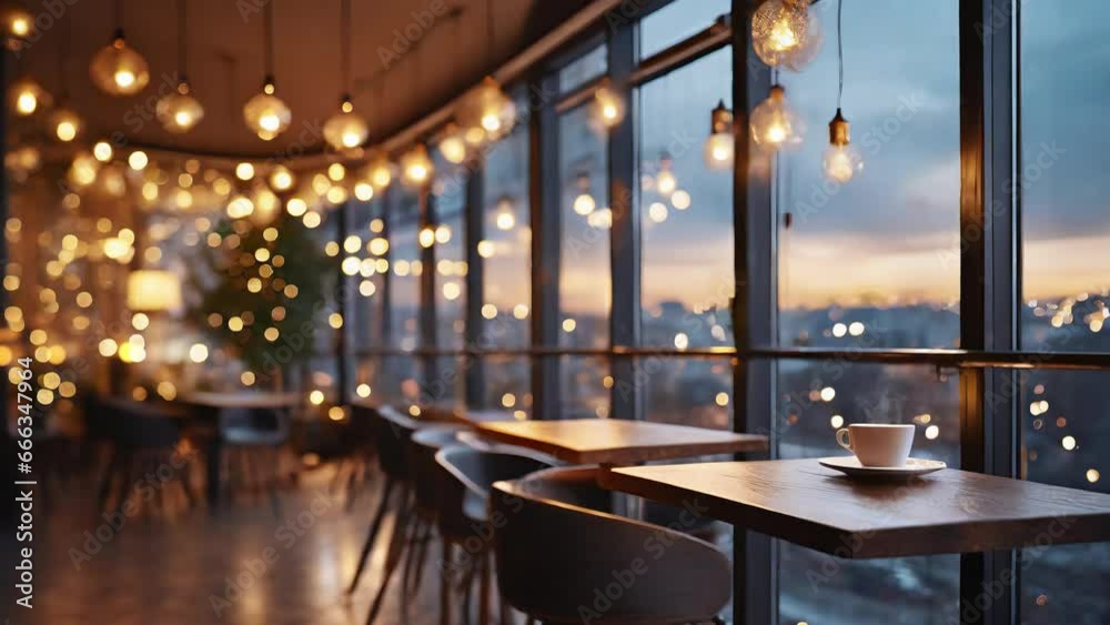 Freshly made coffee is placed on a table in a coffee shop on a high floor. You can see the sunset over the city from the wide windows.　Generative AI