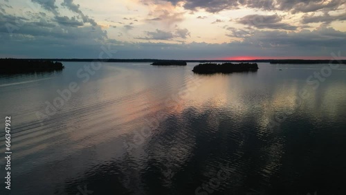 Aerial view of sunset over lake Huron, Hessel, Michigan, Les Cheneaux Islands, Michigan photo