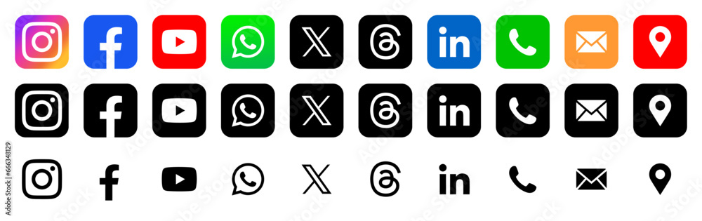 Facebook, Instagram, X, Threads, WhatsApp, LinkedIn & YouTube icons