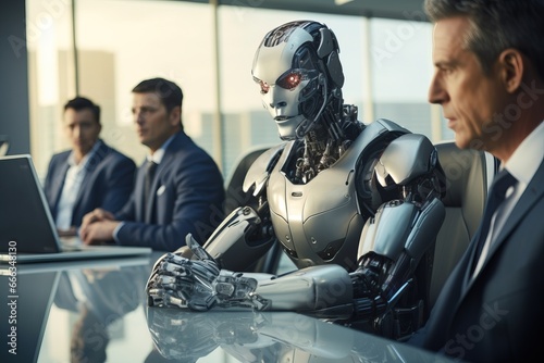 Artificial Intelligence Humanoid Robot Speaking Up in a Business Meeting Negotiating Collaborating Discussing with Businessmen