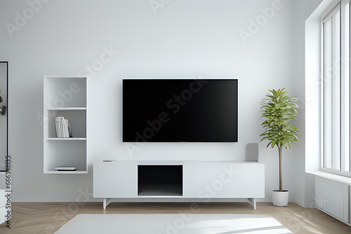 White color wall Background, minimal living room interior decor with a TV cabinet. © Nyetock