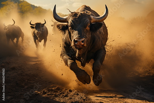 Bison Bulls Wildlife Hunting - Aggressive Charge Close-Up Shot Reveals Running Animal in Africa with Intense Aggression and Fierce Anger, Powerful Wildlife Action