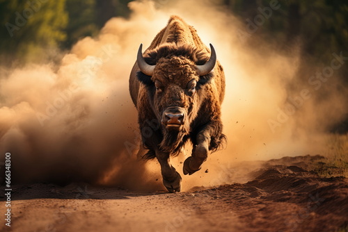 Bison Bull Wildlife Hunting - Aggressive Charge Close-Up Shot Reveals Running Animal in Africa with Intense Aggression and Fierce Anger, Powerful Wildlife Action