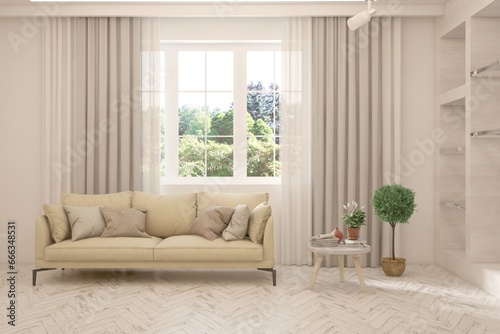 White living room with sofa and summer landscape in window. Scandinavian interior design. 3D illustration