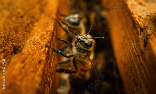 Bees and honeycomb macro close-up photo