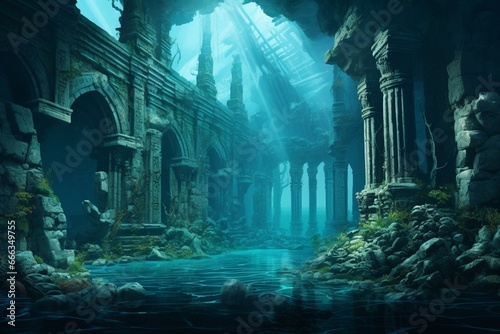 Illustration of submerged Atlantis ruins. Generative AI